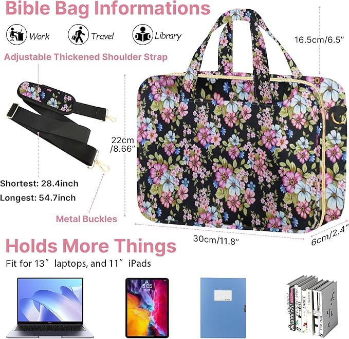 PUGPIU Bible Cover Case for Women, Large Quilted Bible Bag with Shoulder Strap and Handle, Bible Study Supplies Journaling Kit with Highlighters Pens No Bleed Tabs Notebook Cross Clips (Floral)