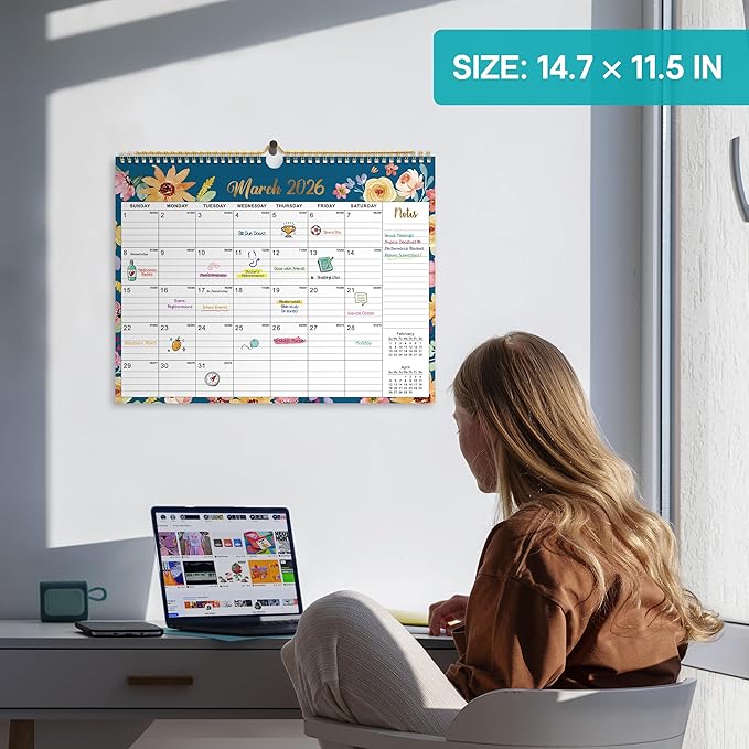 Calendar 2026-2027, Monthly Wall Calendar Runs Until June 2027, 11.5" x 14.8", Spiral Binding Hanging Wall Calendar, Perfect for Home or Office,Floral