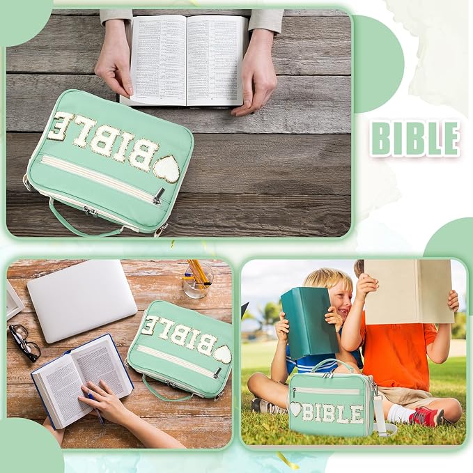 Silkfly Sage Green Bible Cover Case Preppy Large Chenille Letter Church Bag with Shoulder Strap Handle Back to School Gifts Waterproof Christian Tote Bag for Women Teacher Bible Accessories