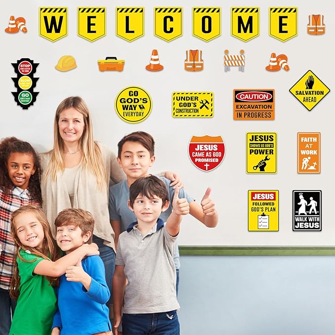 Harloon 67 Pcs Christian Construction Classroom Decorations Religious Welcome Bulletin Boards Cutouts Road Trip Signs for Elementary Preschool Motivational Scripture Construction Supplies VBS Decor