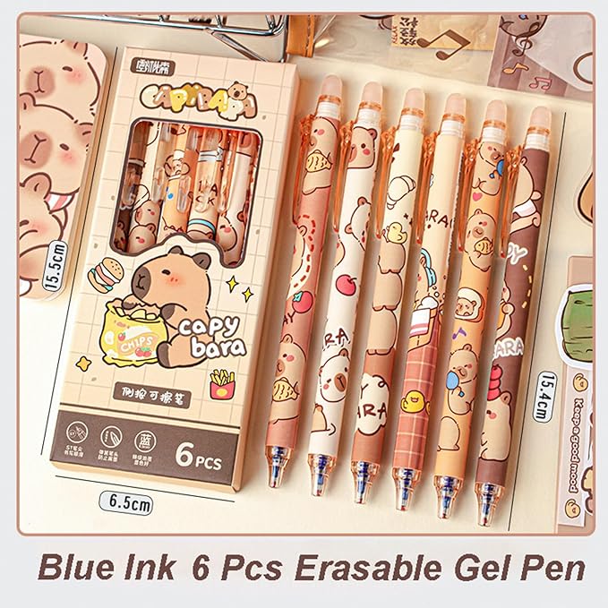 6 Pcs Capybara Erasable Gel Pens Retractable Pens - Erasable Gel Ink Pens Cute Cartoon Design, 0.5mm Fine Point Blue Ink, Perfect for Office, School