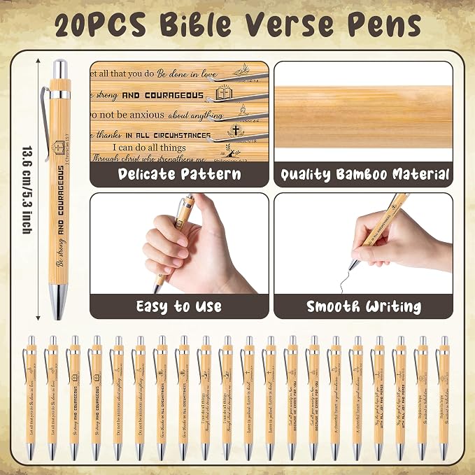Haooryx Christian Bible Pen Bookmark - 20-Piece Christian Bible Verse Bamboo Inspirational Pens Bookmark Set You are Amazing Scripture Biblical Bookmark Church Multi-Item Party Favor Packs Gifts Bulk