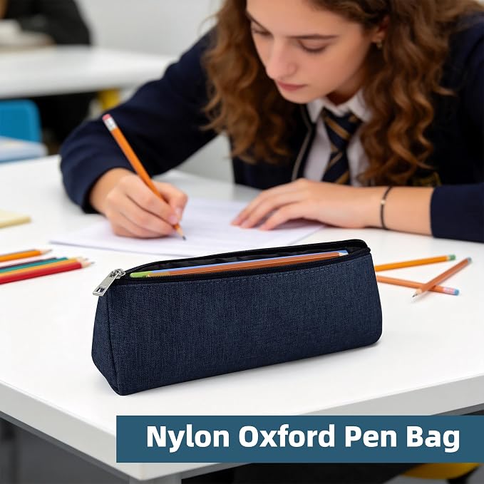 Dark Blue Large Capacity Pen Bag Portable Stationery Pouch Premium Nylon Oxford Cloth Zipper Organizer for Office Business Travel