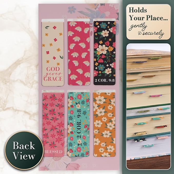 Christian Art Gifts Magnetic Scripture Bookmark/Pagemarker Set for Women: Overflowing Grace - Set of 6, Inspirational Scripture Verses for Bibles, Books, Diaries, Notebooks, Multicolor Floral, Small