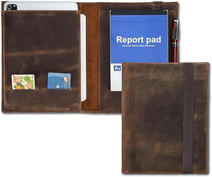 Top Grain Leather 11" Padfolio for Men & Women, Handmade Vintage Design, Multi-Functional Business Portfolio Organizer, Compatible with Cards/iPad/Pen/B5 Size Document, Coffee 11 Inch
