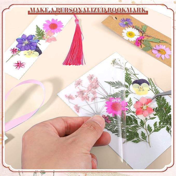 60 Pcs Kraft Paper Blank Bookmarks, DIY Pressed Flower Craft Bookmarks Set, Dried Floral Book Mark Making Kit, with 40 Pcs Pressed Flowers, 30 Pcs Tassels, 1 Roll Ribbon, 1 Roll Twine, 1 Pcs Tweezers
