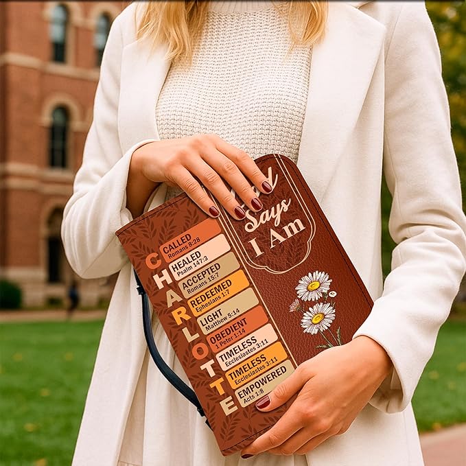 Personalized Man of God Bible Cover, God Says I Am Bible Case PU Leather, Bible Holder Handle Zipper, Faith Scripture with Name Case Bag, Religious Gifts for Church Christians Women Men (GOD-06)