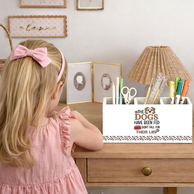 3-Compartment Desk Organizer for Pens, Pencils, Scissors & Ruler, Dog-Themed Wooden Pencil Holder, Cute Dog Quote Storage Box for Kids, Home & Office