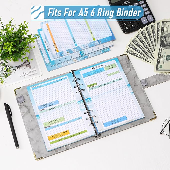 Toplive 3 Pack A5 Planner Refill 82 Sheet Colored Monthly Weekly Planner Refill Paper 6 Hole Budget Sheets Expense Tracker Inserts for A5 Binder Cover Bill Saving Organizer, Blue