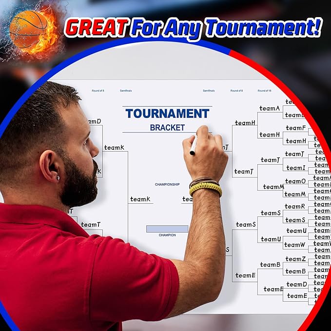Pasimy 64 Team Basketball Tournament Bracket Board 24 x 36 Inch Reusable Sport Team Dry Erase Board Blank with Marker Pen Cloth Eraser for Game School Classroom Gift Party Favor