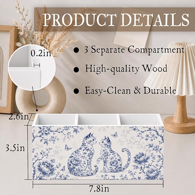 Blue Chinoiserie Cat Pen Pencil Holder for Desk, Cat Lover Gifts for Women, Cottagecore Botanical Floral Kitty Wooden Pencil Holder Organizer Desk Accessories Decor for Home Office Desk