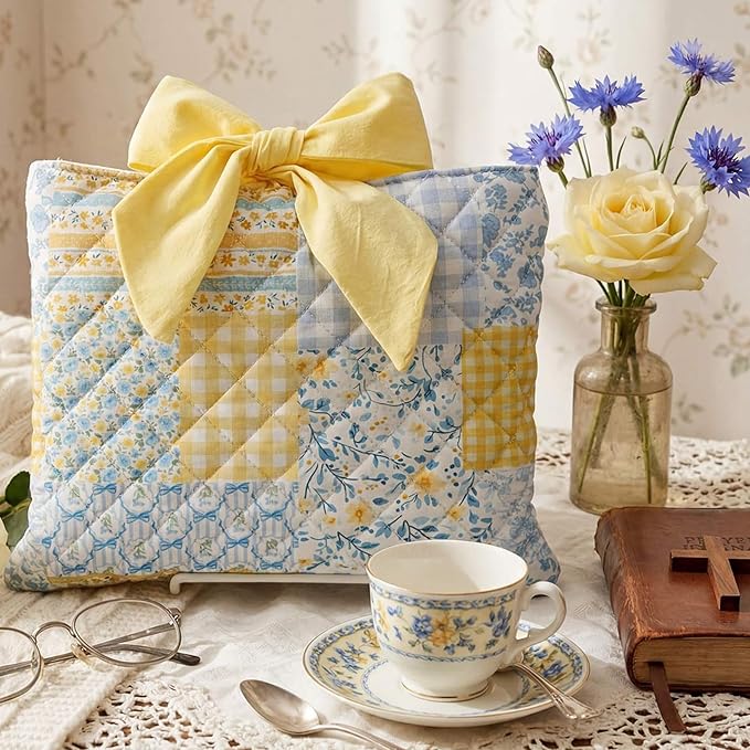 Honoson Quilted Bow Bible Sleeve Cover Case Padded Protector Washable Bible Bag Pouch Christian Gift for Women Girls Book Lover Gifts (Blue Yellow Patchwork)