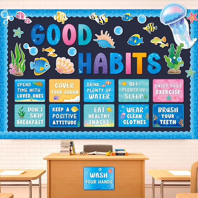 Ctosree 60 Pcs Summer Ocean Sea Healthy Bulletin Board Decorations Set Healthy Poster Jellyfish Fish Seaweed Shells Good Habits Cutouts for Classroom School Office Chalkboard Wall Supply