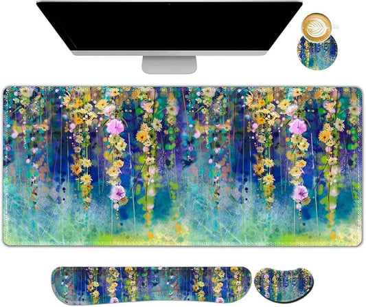 ARTSO Large Gaming Mouse Pad Set, Keyboard Wrist Rest Support + Mouse Wrist Cushion + Extended Mousepad + Coaster, 35x15.5in Multifunctional Desk Mat 4pcs, Oil Painting Flowers