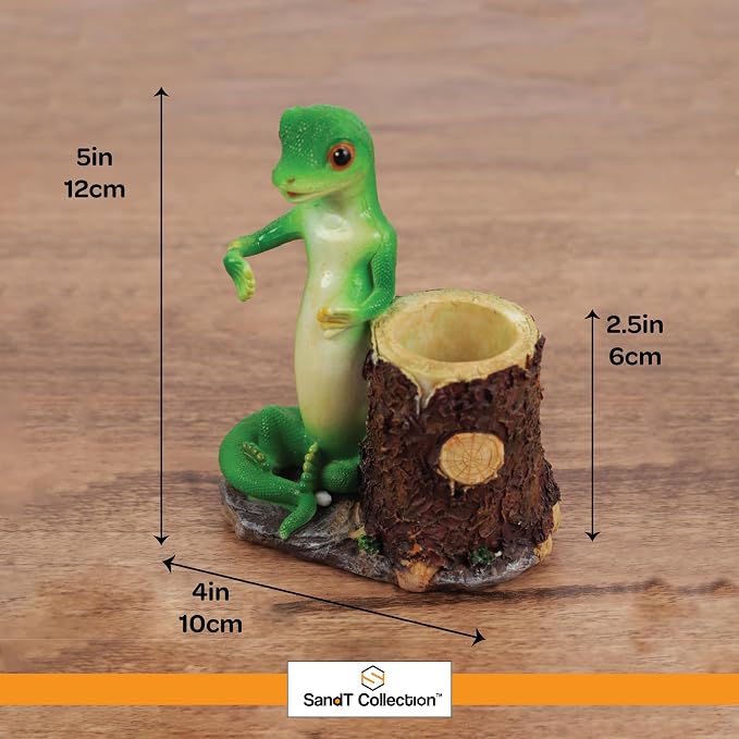 Green Gecko Pencil Holder with Tree Stump or Barrel Storage, Figurine Desktop Accessory (Tree Stump)