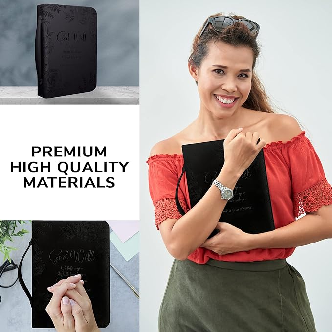 DEHITE Bible Cases for Woman — Leather Bible Covers for Women — Carrying Bag for Woman — Pen Slots — Zippered Pocket — Premium Faux Leather Holder — Christian Floral Accessories