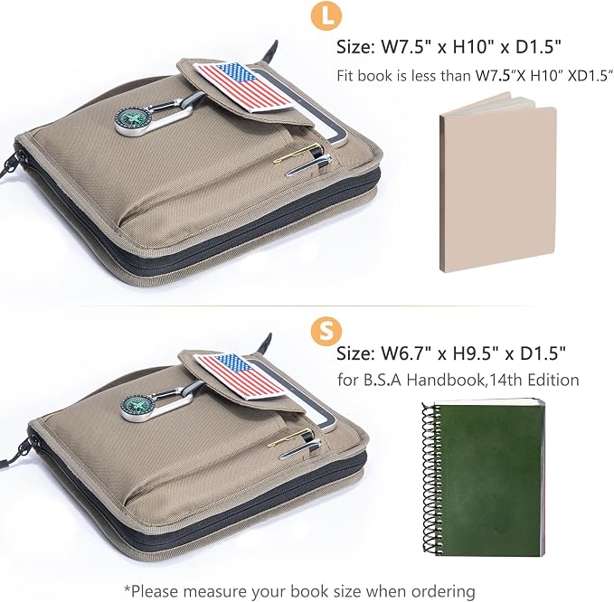 Handbook Book Cover Compatible with BoyScoouts Handbook with Amercan Flag Patch and Compass - Book Sleeve - Handbook Protector for Boys Girls