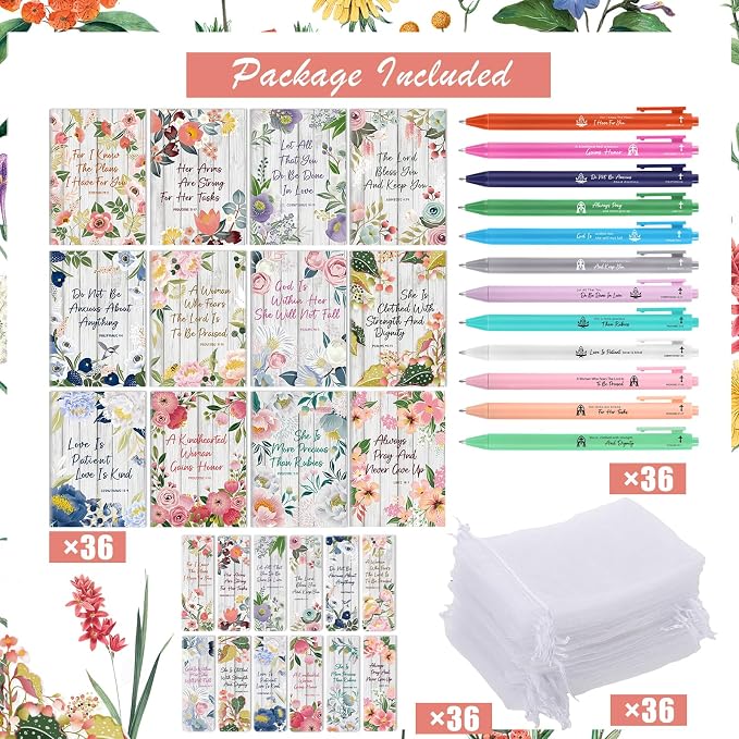 WSICSE 144 Pcs Christian Floral Bible Gifts Set Bulk, Religious Scripture Notebooks Verses Bookmarks Bible Quote Pens Organza Bags for Inspirational Bible Gifts for Office School