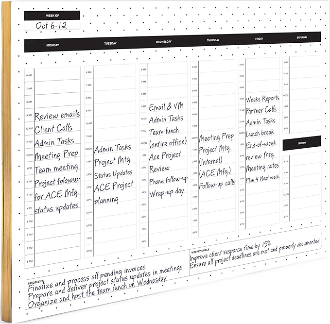 BLU MONACO | Dots Weekly Notepad with Hourly Time Blocking | 52-Page Tear-Off Weekly Planner Pad with Priorities, Goals & Water Tracker | Beautiful Desk Organizer for Productivity