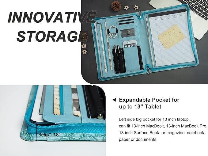 AZXCG Leather Portfolio with Zipper, Embossed PU Leather Padfolio Folio, Professional Business Document Organizer with A4 Letter Sized Writing Pad Holder(Sky Blue, Standard)