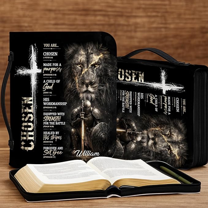 Personalized Man of God Bible Cover for Men, Christian PU Leather Bible Case with Handle Zipper, God Says I Am Warrior Scripture Bible Holder, Religious Gift for Men (You are Chosen)