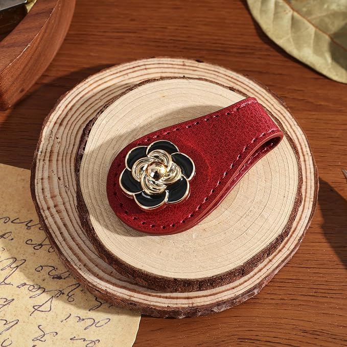 2PCS Magnetic Bookmarks with Pen Clip, Leather Bookmarks for Women, Magnetic Pen Holder Book Accessories, Gold Camellia
