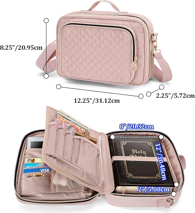 Teamoy Large Bible Cover, Women Bible Carrying Case Church Bag with Straps and Pens Holder, Bible Study Religious Supplies Tote Bag, Pink Quilted