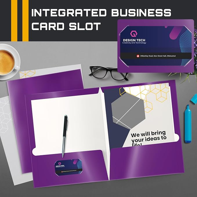 Better Office Products 2 Pocket Glossy Laminated Purple Paper Folders, Letter Size, Purple Paper Portfolios, Box of 25
