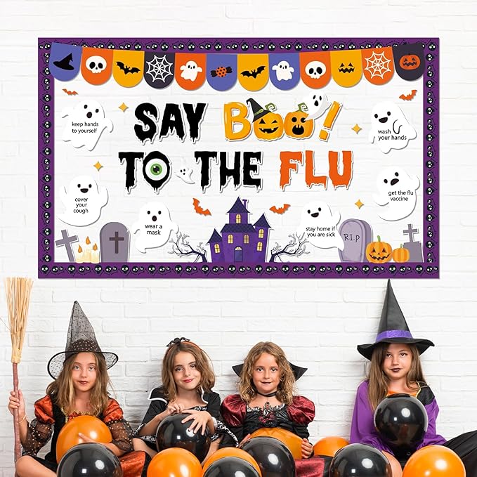 Halloween Ghost Bulletin Board Halloween Healthy Classroom Decorations Set Flu Awareness Theme Cutouts Ghost Pumpkin Paper Cutout for Office School Publicity Chalkboard Wall Decor