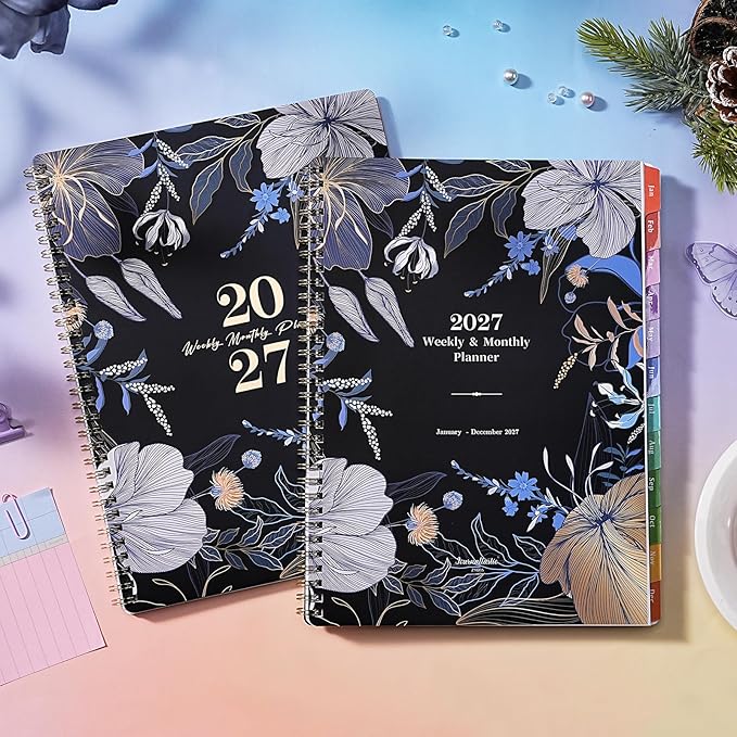 2027 Planner - 2027 Weekly and Monthly Planner, 11" x 9", Jan. 2027 - Dec.2027, Planner 2027 with Colorful Tabs, Premium Thick Paper, Twin-Wire Binding - Floral Black Cover
