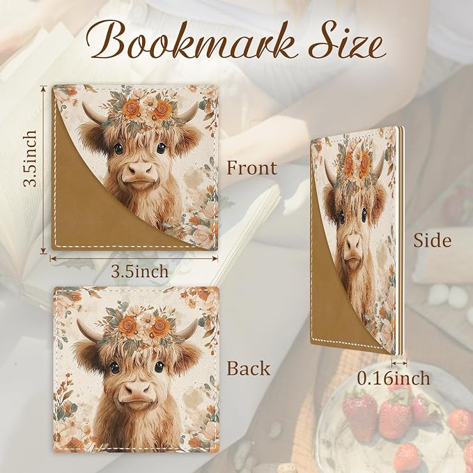 Cute Highland Cow Corner Bookmarks, Funny Leather Book Accessories for Book Lovers, 3 Pcs Reading Book Page Markers for Women Men Student Teacher Retirement Birthday Gifts