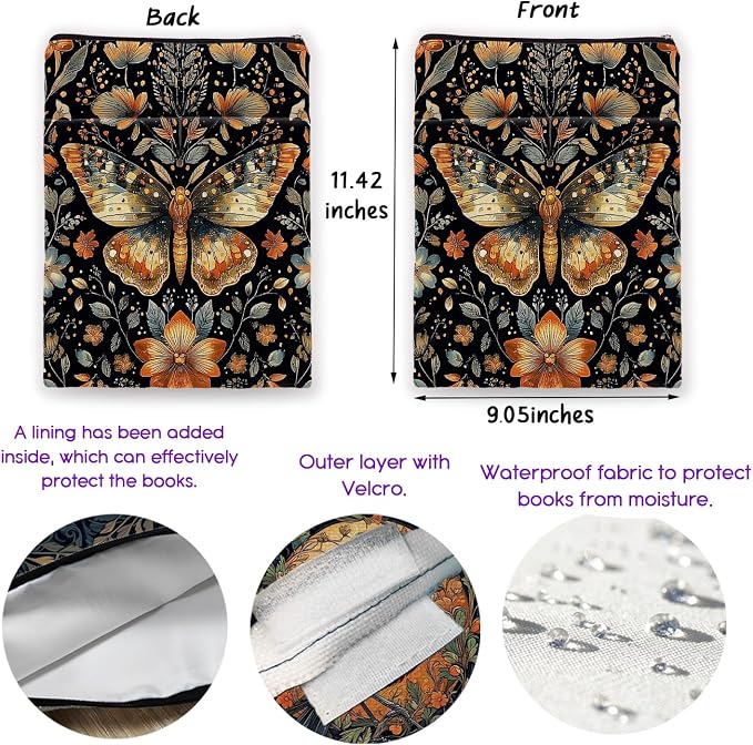 Vintage Flower Butterfly William Morris Book Sleeve for Book Lovers, Bookish Book Protector with Zipper, Washable Fabric Book Cover for Paperbacks,11.4 x 9.1Inches (Black-Butterfly, Medium)