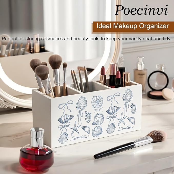 Coquette Bow Blue Coastal Seashell Pen Holder for Home Office Desk, Coastal Granddaughter Room Decor, Blue Preppy Girly Beach Wooden Box Sign Pencil Holder for Desk Shelf Organizer