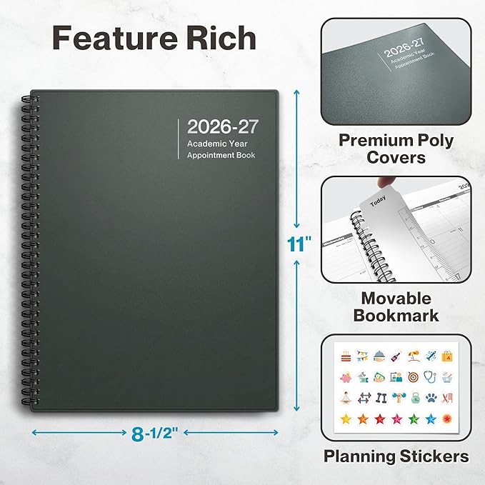 Dunwell 2026-2027 Appointment Book 8.5 x 11, July 2026 to June 2027, 15-Minute Hourly Schedule Planner with Laminated Tabs, Daily Professional Agenda
