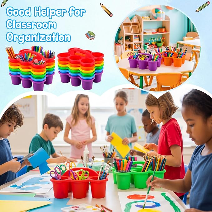 Novabright 12 Pack Classroom Caddy, Stackable Plastic Caddy Storage Basket with Handle for Kids, Table Desk Office Arts, Crafts, Crayon, Marker, Pencil, School Supplies (Assorted Colors)