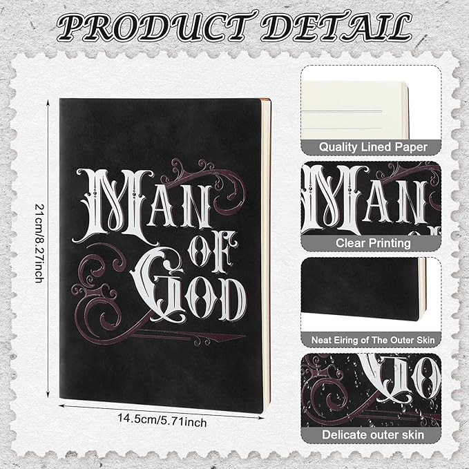 Fuyoooo 4 Pcs Christian Gifts for Men Father's Day Pastor Appreciation Gifts Vintage Leather Hardcover Notebook 1 Timothy 6:11 Religious Bible Verse Pen Joshua 1:9 Bookmark & Box(Man of God,Black)