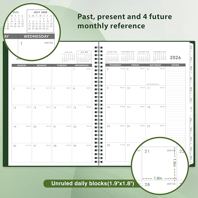 Monthly Planner 2026-2027 - JUL 2026- DEC 2027, 9" × 11" Monthly Calendar, Planner 2026-2027, 18-Month Calendar Planner with Tabs, Thick Paper, Pocket, Label, Twin- Wire Binding- Dark Green