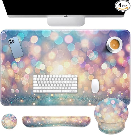 Britimes Abstract Pink and Blue Glitter Keyboard Mouse Pad Set 4in1 Large Mousepad+Keyboard Wrist Rest+Mouse Wrist Rest+Coaster Set with Ergonomic Design for Home Office Computer 35.4x15.7 inches