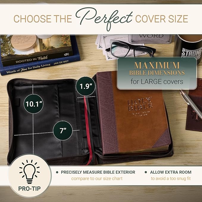 Christian Art Gifts Premium Vegan Leather Inspirational Bible Cover for Men & Women: Debossed Crown of Thorns Design, Inspiring Scripture, Easy Carry Zippered Case, Pen Loops, Pockets, Brown, Large