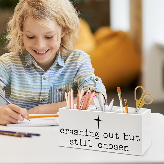 Christian Cross Pen Holder, Christian Gifts for Women Men Office Pen Pencil Holder Organizer for Desk Accessories, Bible Verse Religious Wooden Box Desk Decor for Home Office Desk Decorations