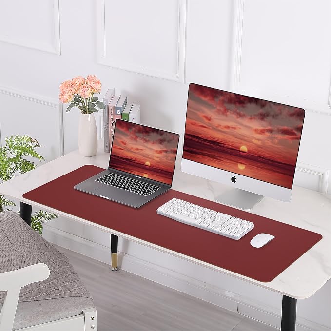 AFIING Leahter Desk Pad 47" x 17", Red,Desk Cover mat | Natural Cork & PU Leather, Mouse Pad, Non-Slip, Waterproof, For Office and Home