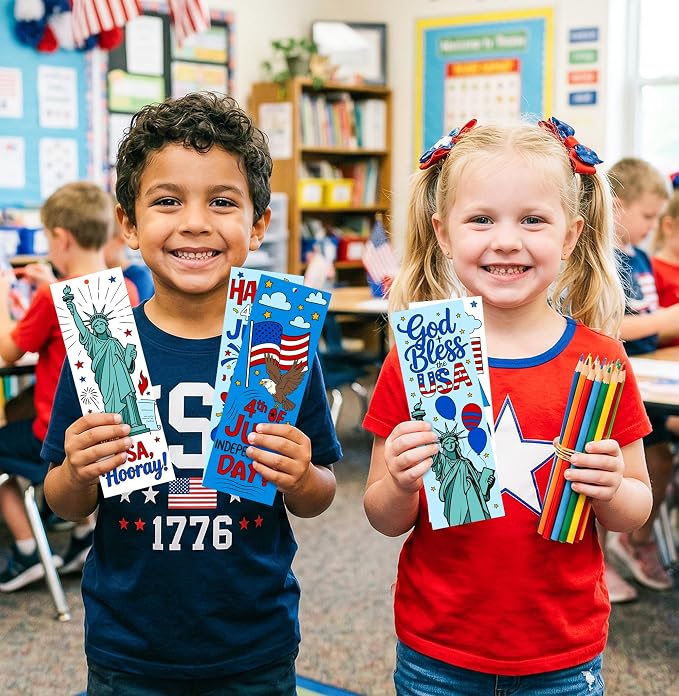 100Pcs Patriotic Color Your Own Bookmarks, 4th of July DIY Coloring Blank Bookmarks with Ribbons Independence Day Art Crafts Supplies Classroom Rewards Gifts USA American Holiday Party Favors for Kids