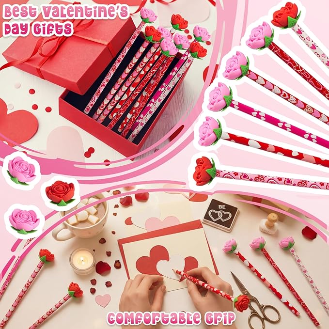 Gersoniel 36 Pcs Valentines Pencils 18 Valentines Day Pencil 18 Giant Rose Eraser Stationary Set for Valentine kid Classroom Reward Students gift Party Favors Goodie Stuffer School Teacher (Valentine)