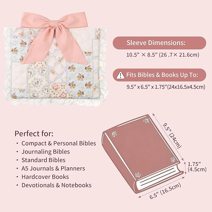 Vintage Spliced Floral Quilted Bible Cover for Women – Fits Standard Size Bibles Padded Protector Washable Cotton Case with Elegant Lace Trim & Bow Handle– Includes Interior Zipper Pocket