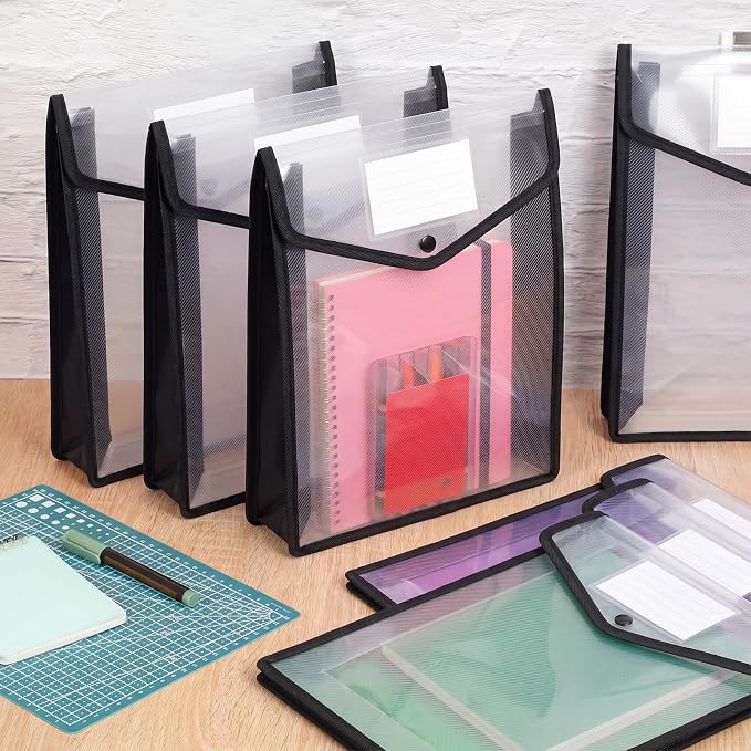 Epakh 10 Pieces Plastic File Folders Envelope Expanding File Wallet Organizer Documents Folder with Snap Closure and Pocket, A4 Size Waterproof Transparent Pouch(Black,Vertical)