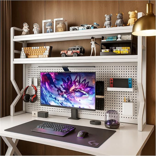 Desktop Hutch Bookshelf,Many Gifts,Metal Desktop Bookcase with pegboard, Desk Shelf White, Countertop Storage Organizer Rack for Dorm or Office,Desktop Shelves(White, 37.4" Lx9.9 Wx39 H)