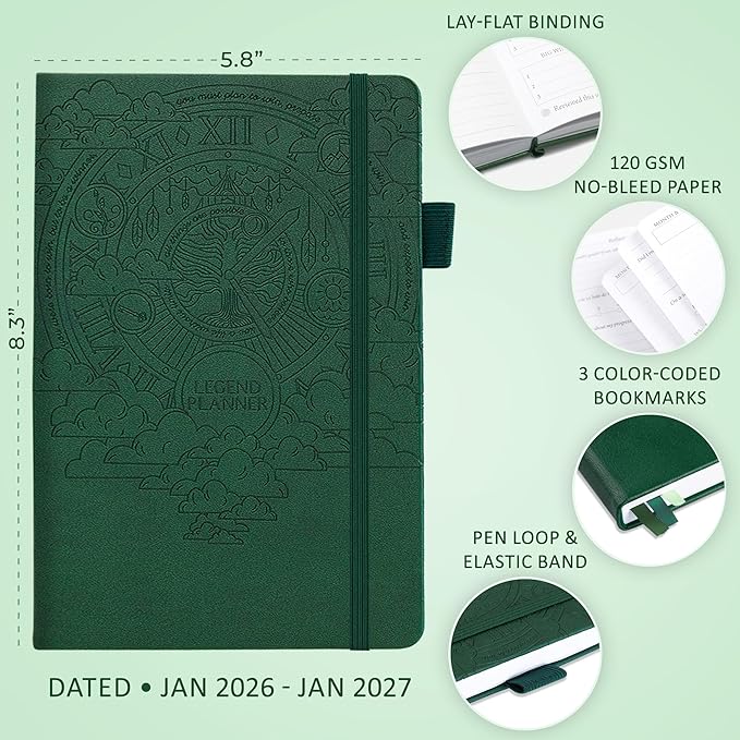 Legend Dated Hourly Weekly Planner 2026 – Daily, Monthly & Yearly Agenda with Time Slots – Hardcover Organizer Journal, 5.8x8.3” (Dark Green)