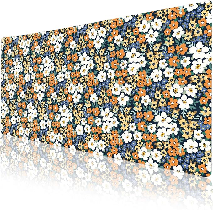 Colorful Star Large Mouse Pad, Floral Desk Mat Office Supplies, Waterproof Faux Leather Big Gaming Mousepad for Women Girls, Ditsy Wild Flowers Desk Pad Home Office Décor Accessories 31.5" x 15.7"