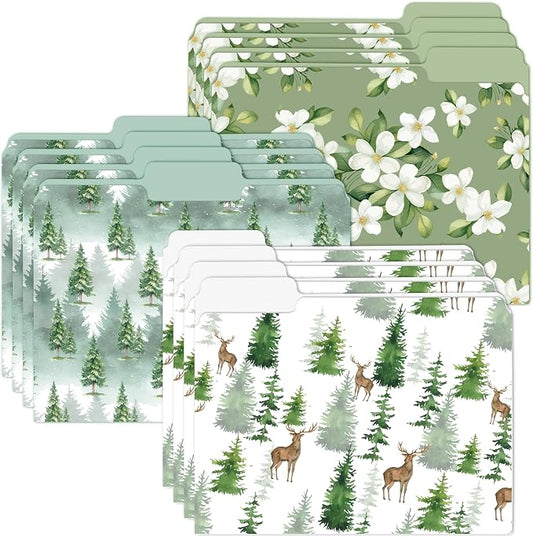 Xqumoi 12Pcs Watercolor Forest File Folders - Christmas Letter Size Decorative File Pockets with 1/3 Cut Tab Pretty Tree Flower Folders for Office Home Classroom Supplies Documents, 8.9 x 11.6 Inch