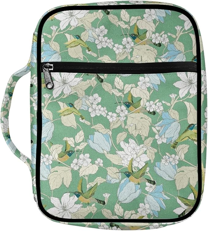 Coldinair Hummingbird Floral Green Bible Cover for Women Teens Girls,Decorative Carrying Book Case Church Bag Bible Protective with Handle and Zippered Pocket